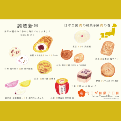 毎日が和菓子日和 | 日本全国虎の和菓子屋虎の巻 | 和菓子イラスト | イラストコラム | 虎の和菓子 | 年賀状 | New Year Card 2022